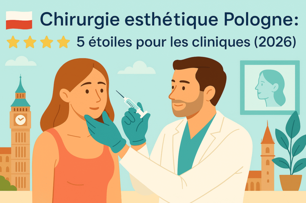 Illustration d'un médecin réalisant une injection esthétique à une patiente, avec le texte : Chirurgie esthétique Pologne : 5 étoiles pour les cliniques (2026)