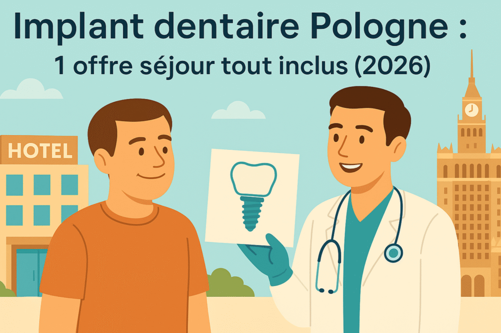 Illustration d'un médecin montrant un schéma d'implant dentaire à un patient devant un hôtel, avec le texte : Implant dentaire Pologne : 1 offre séjour tout inclus (2026)