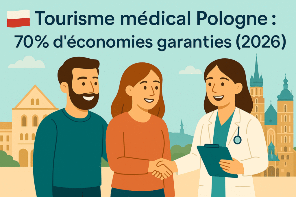 Illustration d'un couple et d'un médecin symbolisant le tourisme médical en Pologne, avec le texte : 70% d'économies garanties (2026)