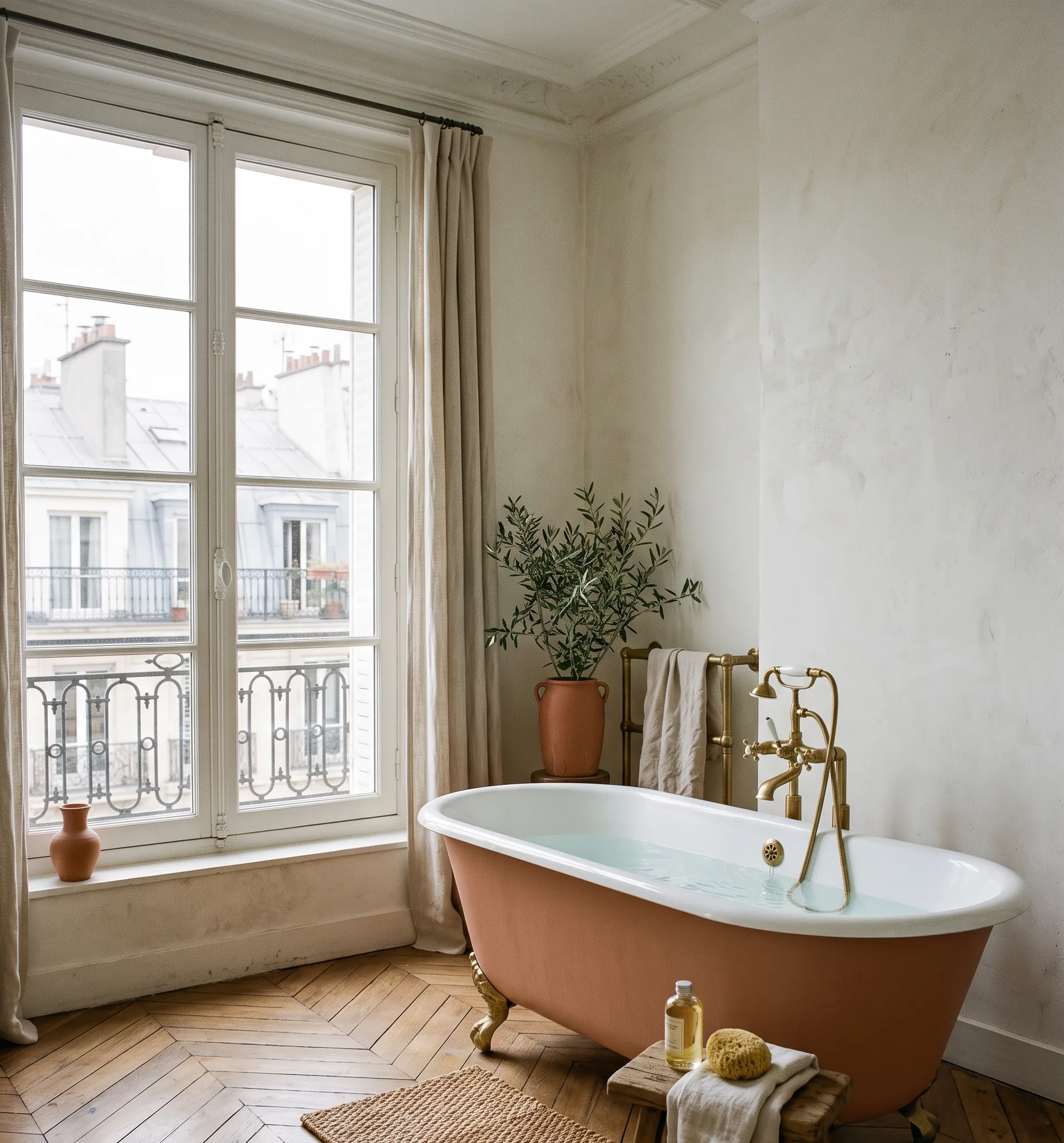 Baignoire îlot moderne installée près d'une grande fenêtre dans un appartement baigné de lumière.