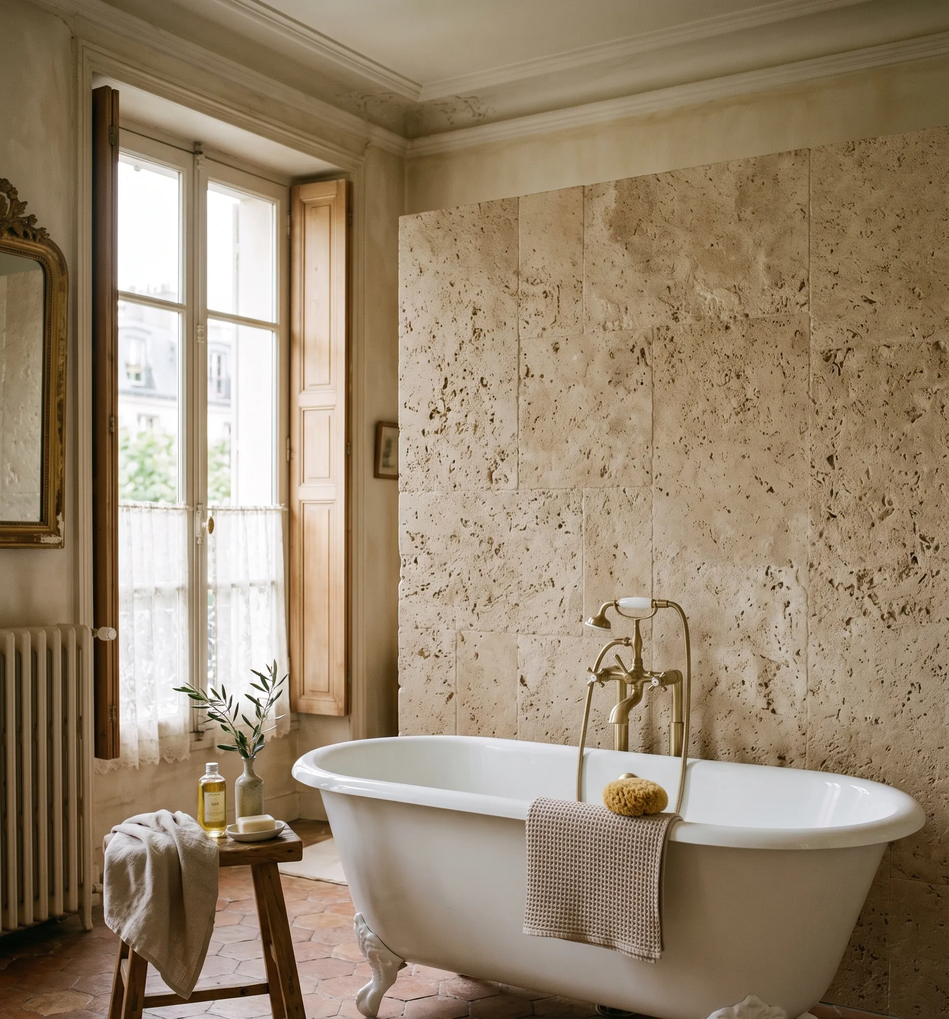 Baignoire îlot moderne installée devant un mur en pierre naturelle de travertin aux nuances chaleureuses.