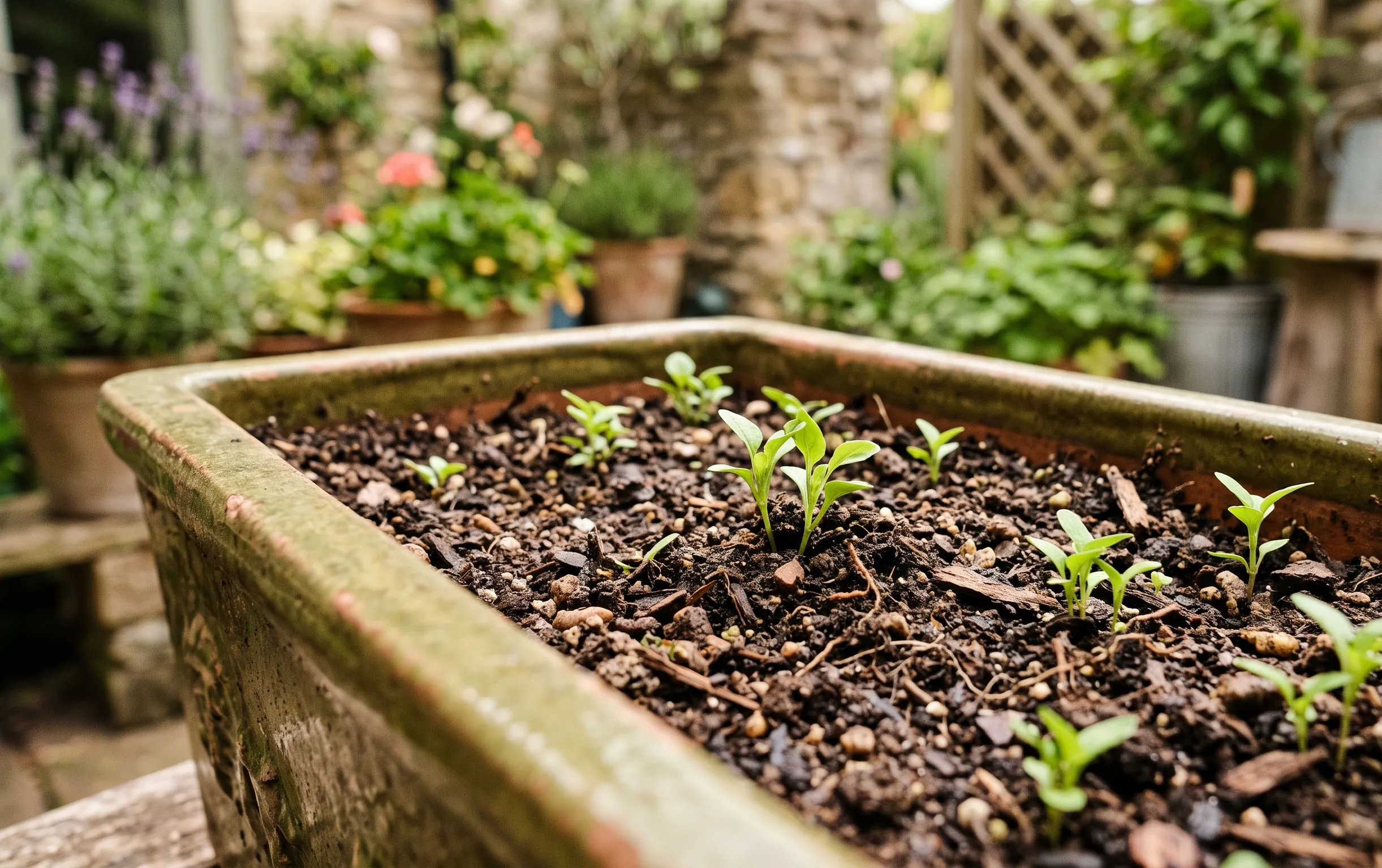 balconsdepicure jardinière balcon : Terreau frais dans une grande jardinière pour végétaliser son petit extérieur
