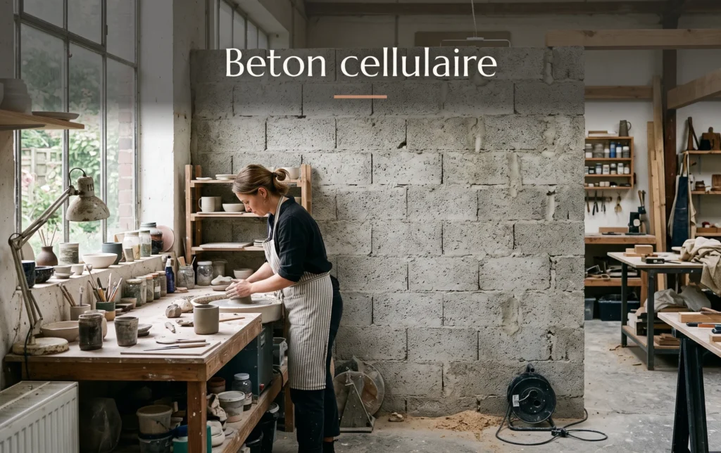 Vue d'ensemble d'une cloison en béton cellulaire brut dans un espace de travail baigné d'une lumière naturelle latérale