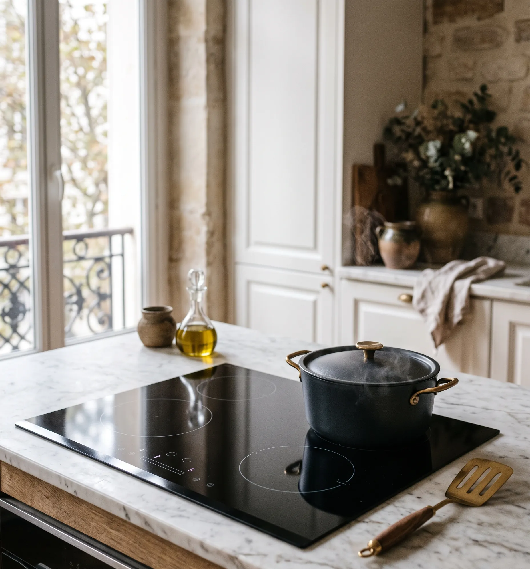 Gros plan sur une plaque de cuisson intégrée au centre d'un îlot de cuisine moderne.