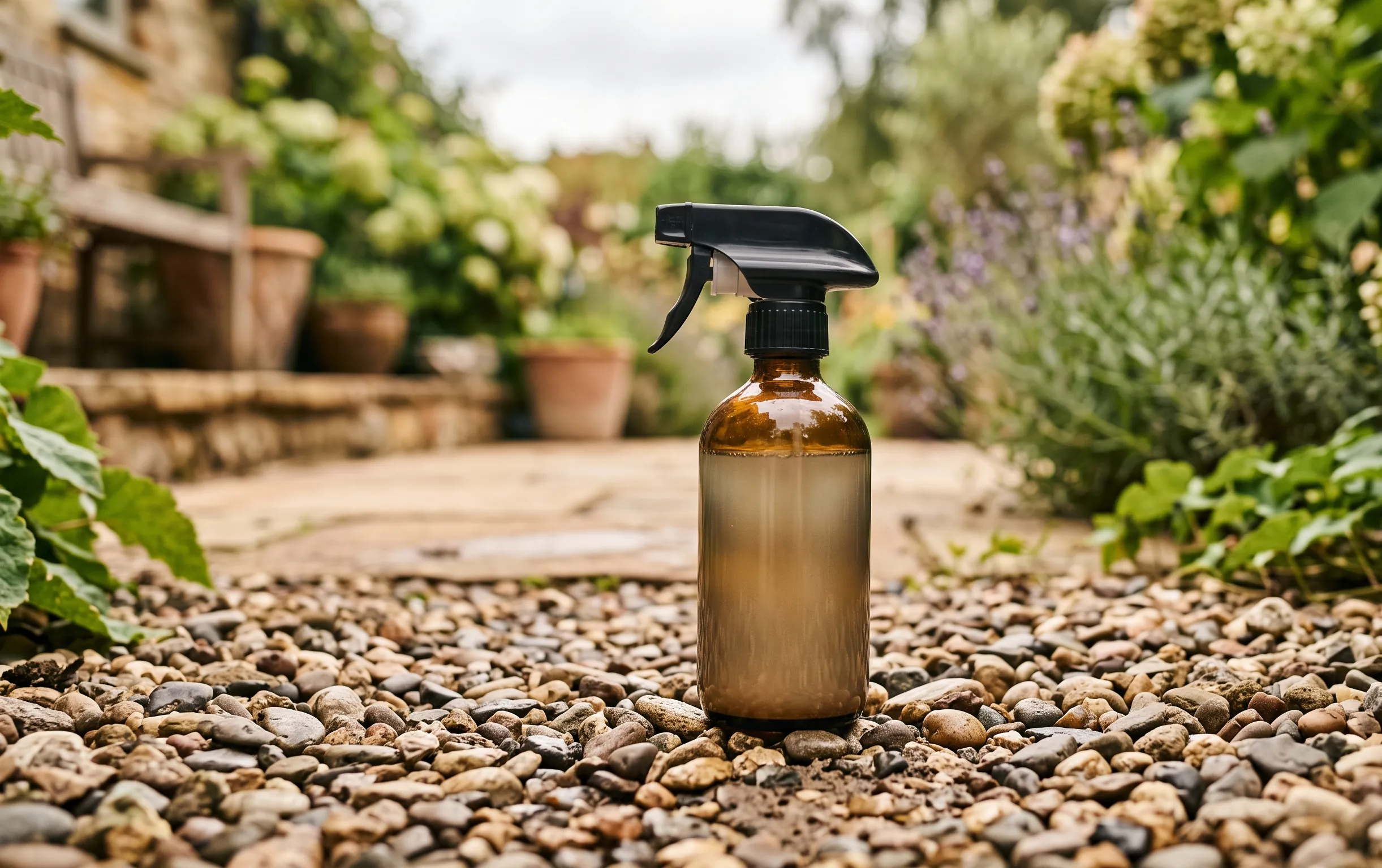 desherbant naturel : Détail d'un flacon pulvérisateur posé sur des graviers clairs au jardin