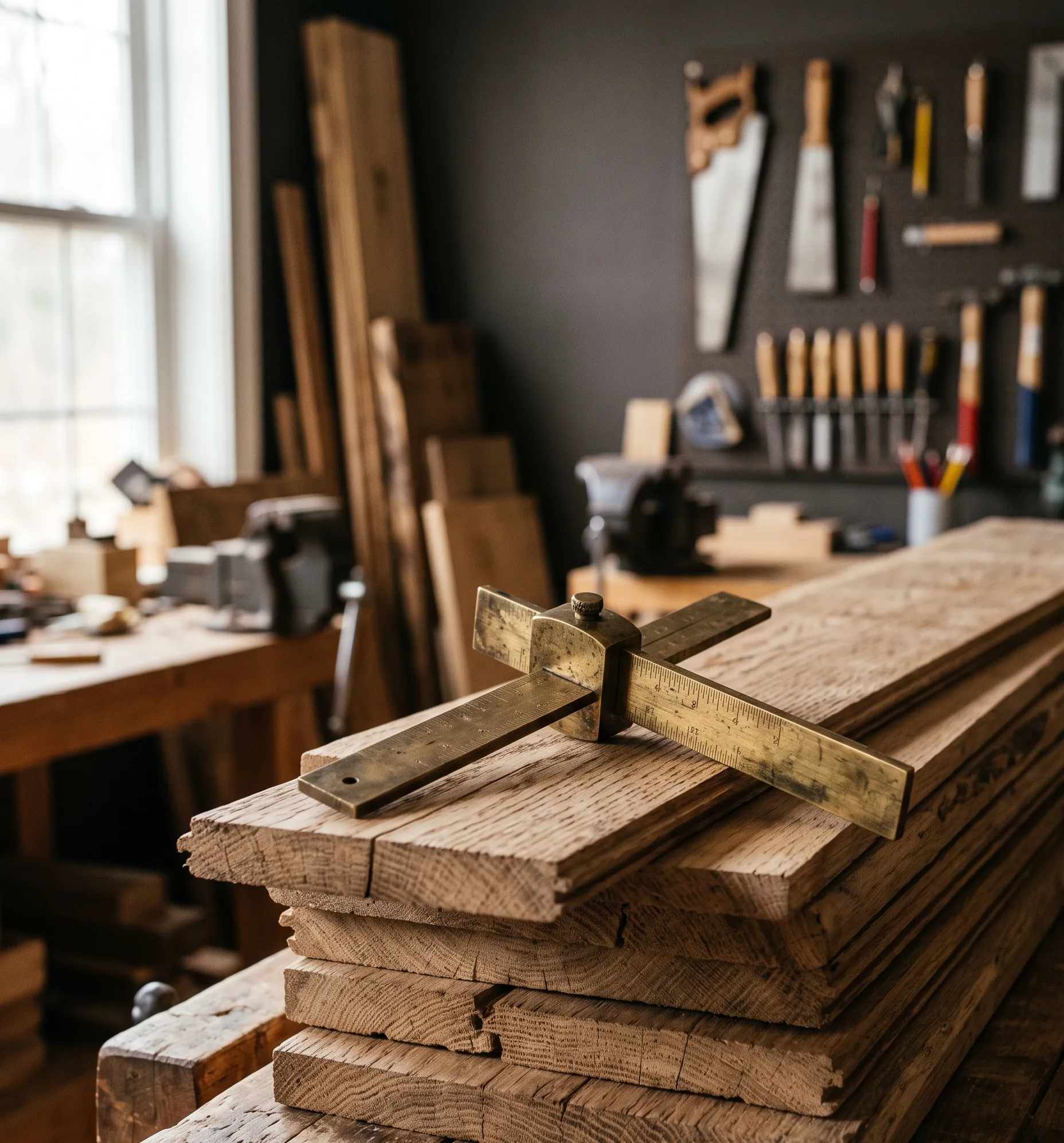 Échantillons de lattes de parquet en bois posées près d'un outil de mesure