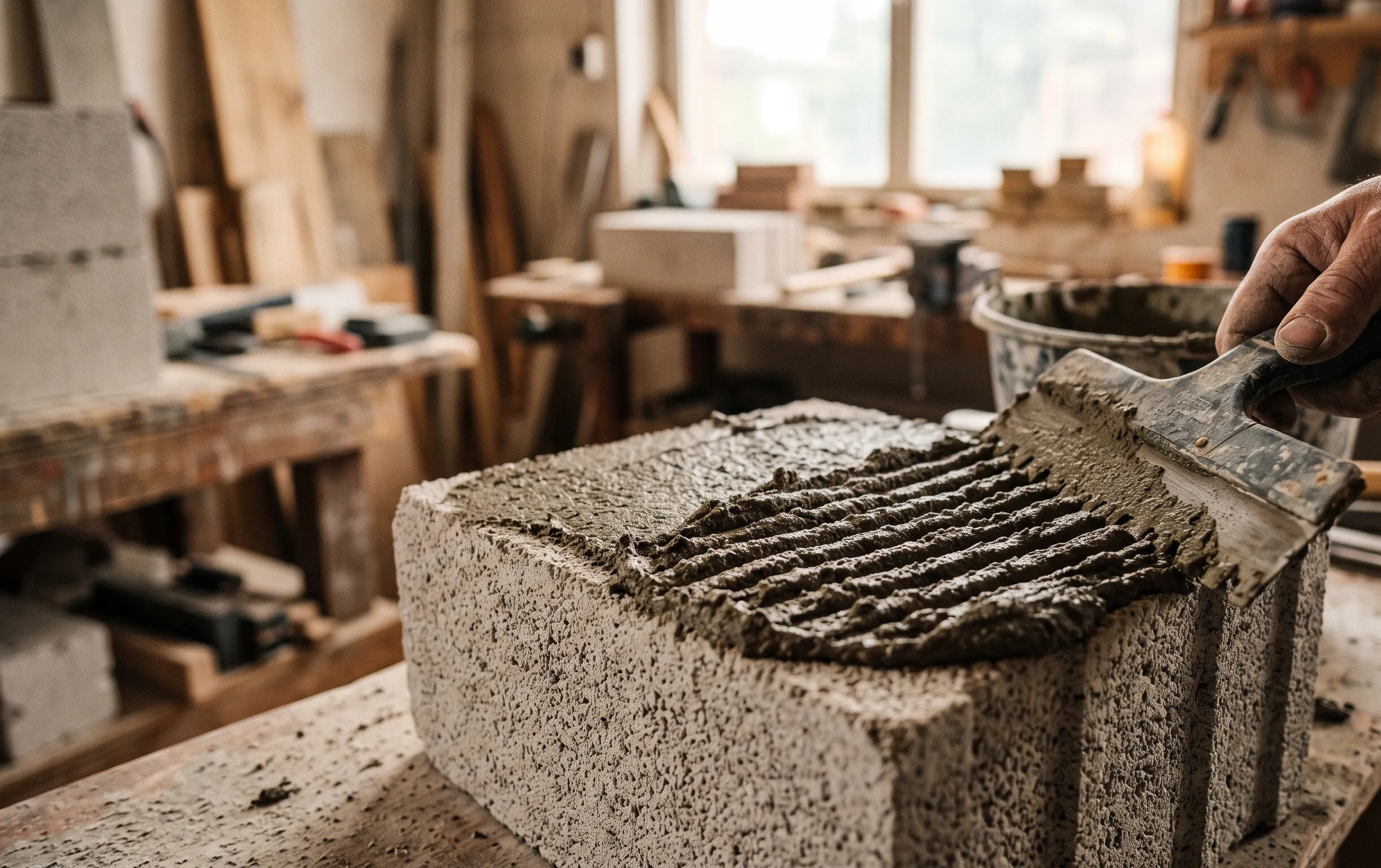 coller du siporex : Détail de l'application d'un lit de mortier colle sur un bloc de béton cellulaire brut avant assemblage