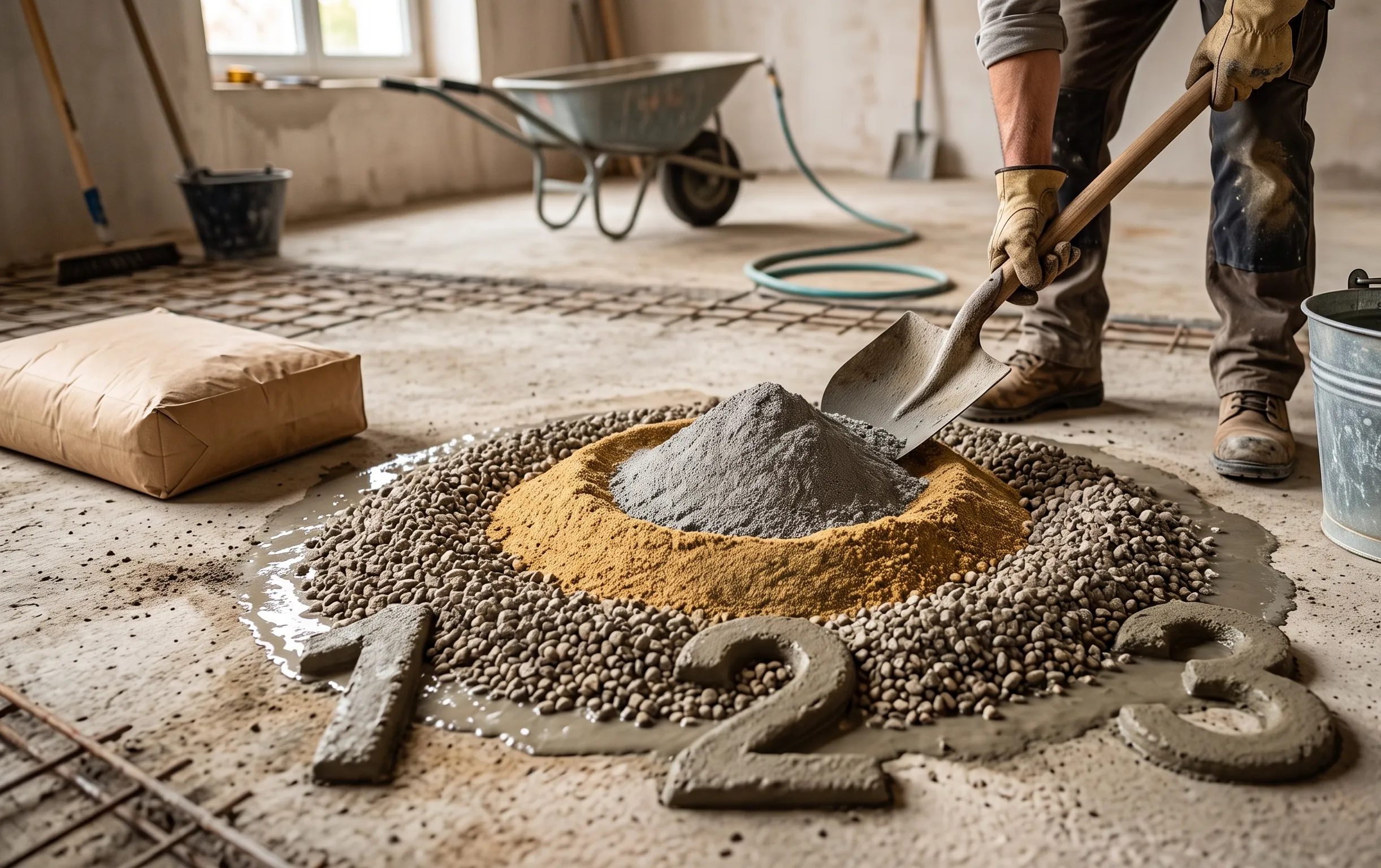 dosage du beton en pelle : Texture de sable gris fin posé sur une planche en bois clair