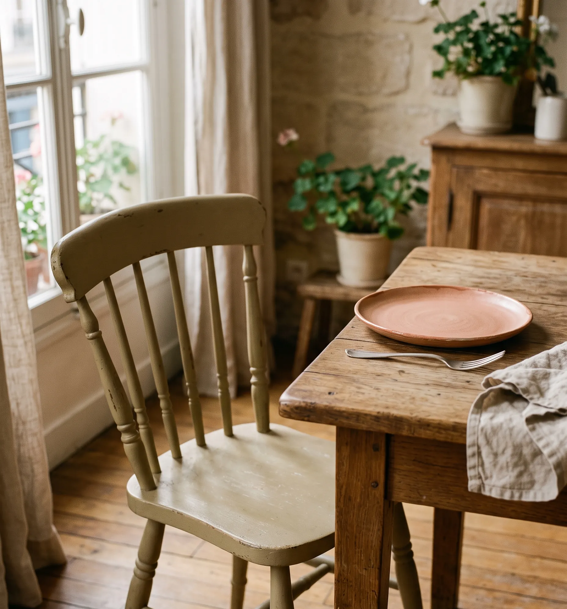 Gros plan sur une chaise de salle à manger dépareillée peinte en couleur kaki