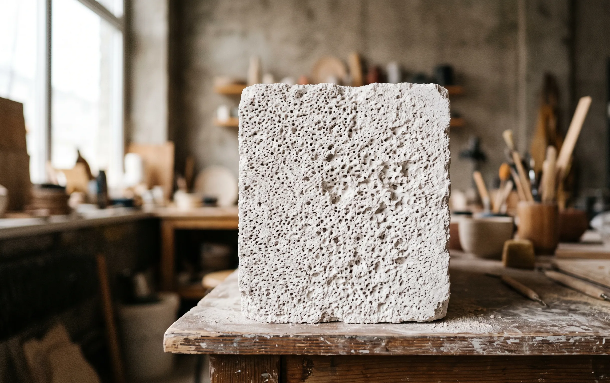Gros plan sur la texture poreuse et légère d'un bloc de béton cellulaire prêt à être maçonné