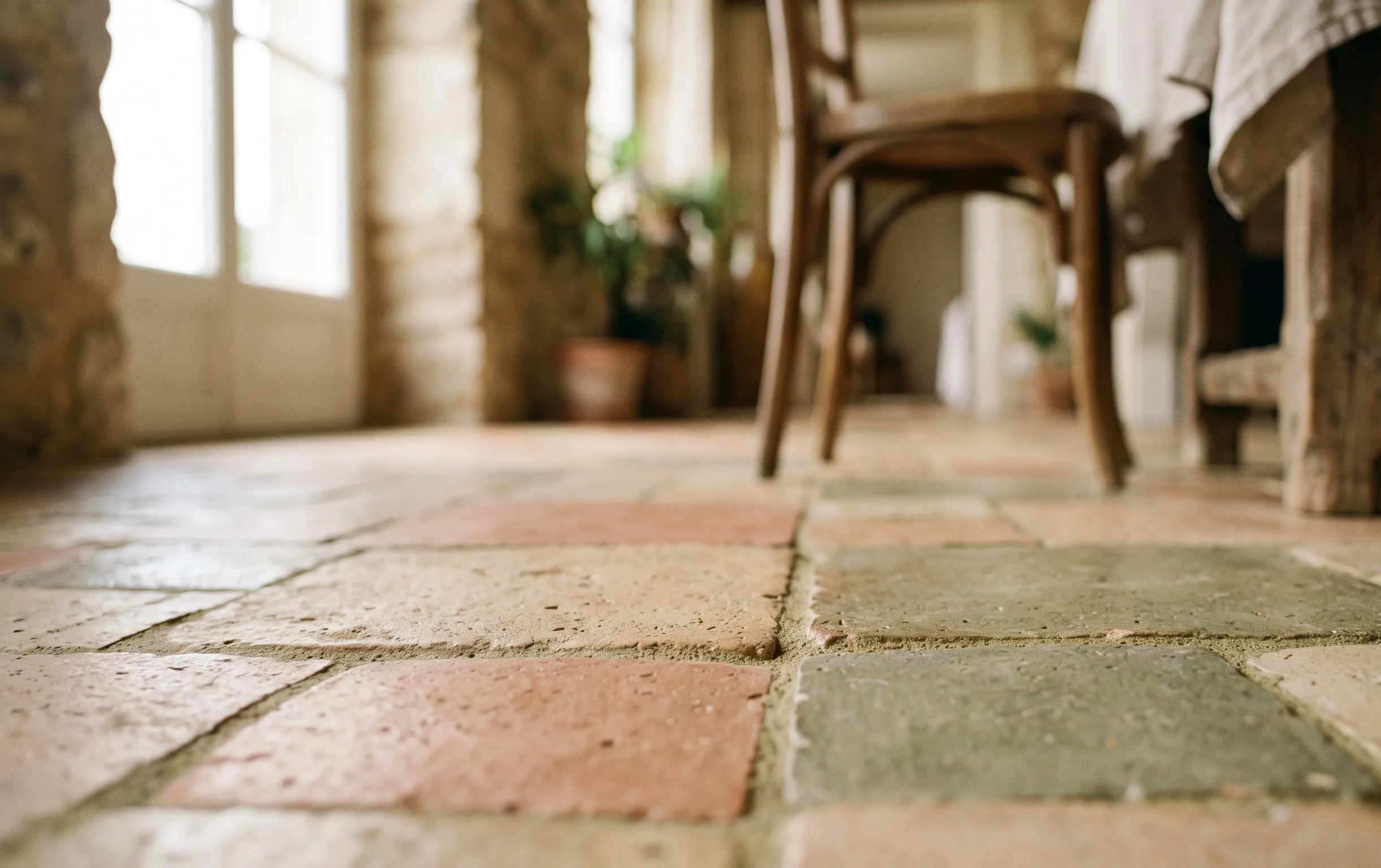prix pose carrelage m2 : Surface de carrelage en céramique mate aux teintes neutres et chaleureuses
