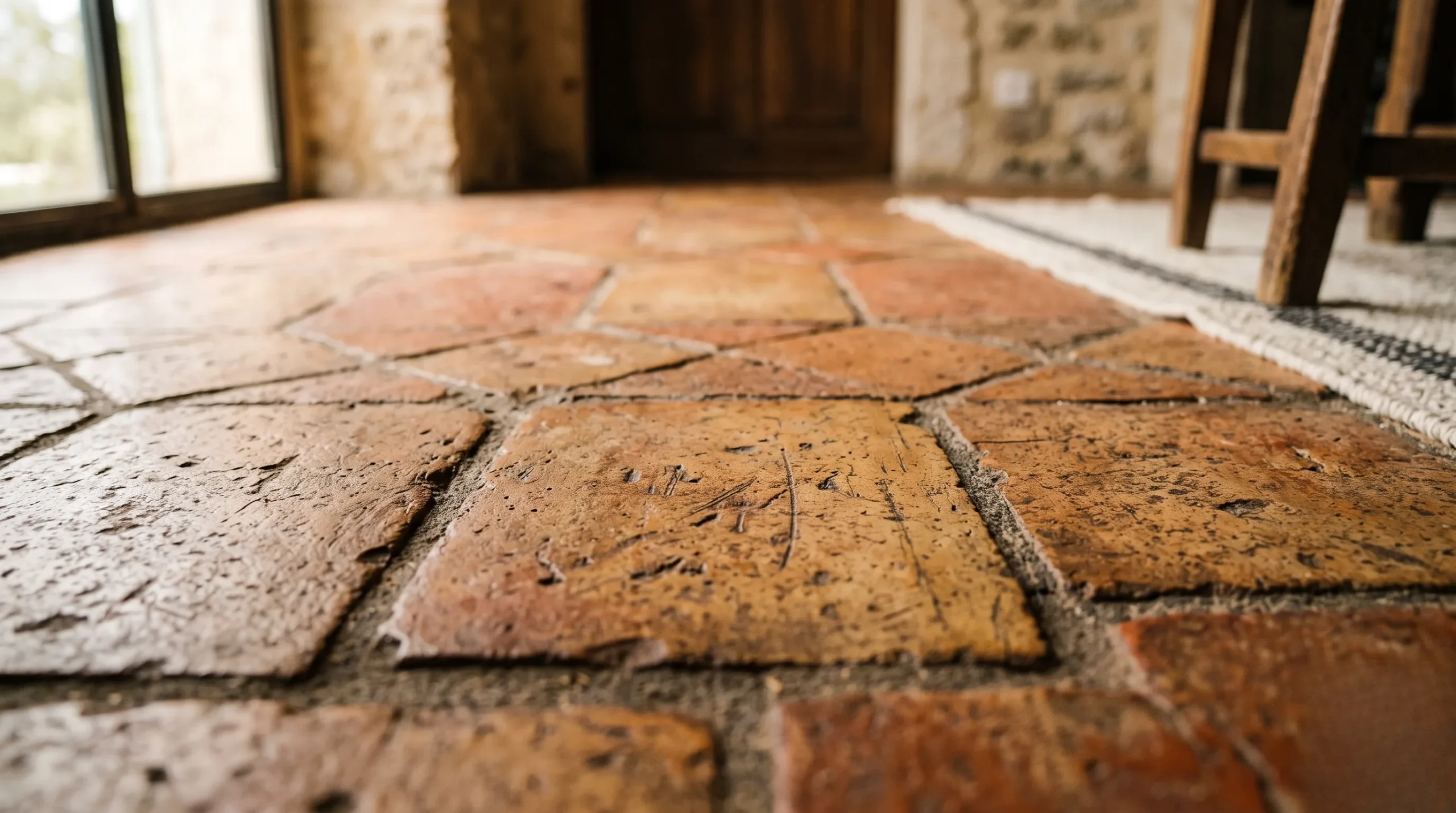 dalep 2100 avis : Texture patinée de tuiles anciennes sous un éclairage naturel tamisé et chaleureux