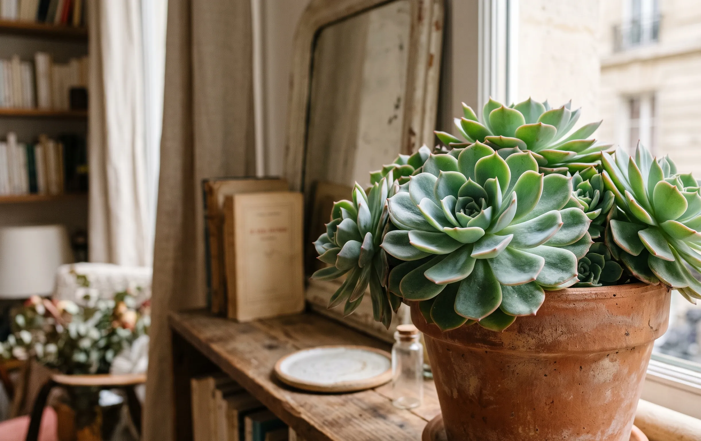 Gros plan sur les feuilles charnues d'une plante grasse placée près d'une fenêtre dans un salon baigné de lumière