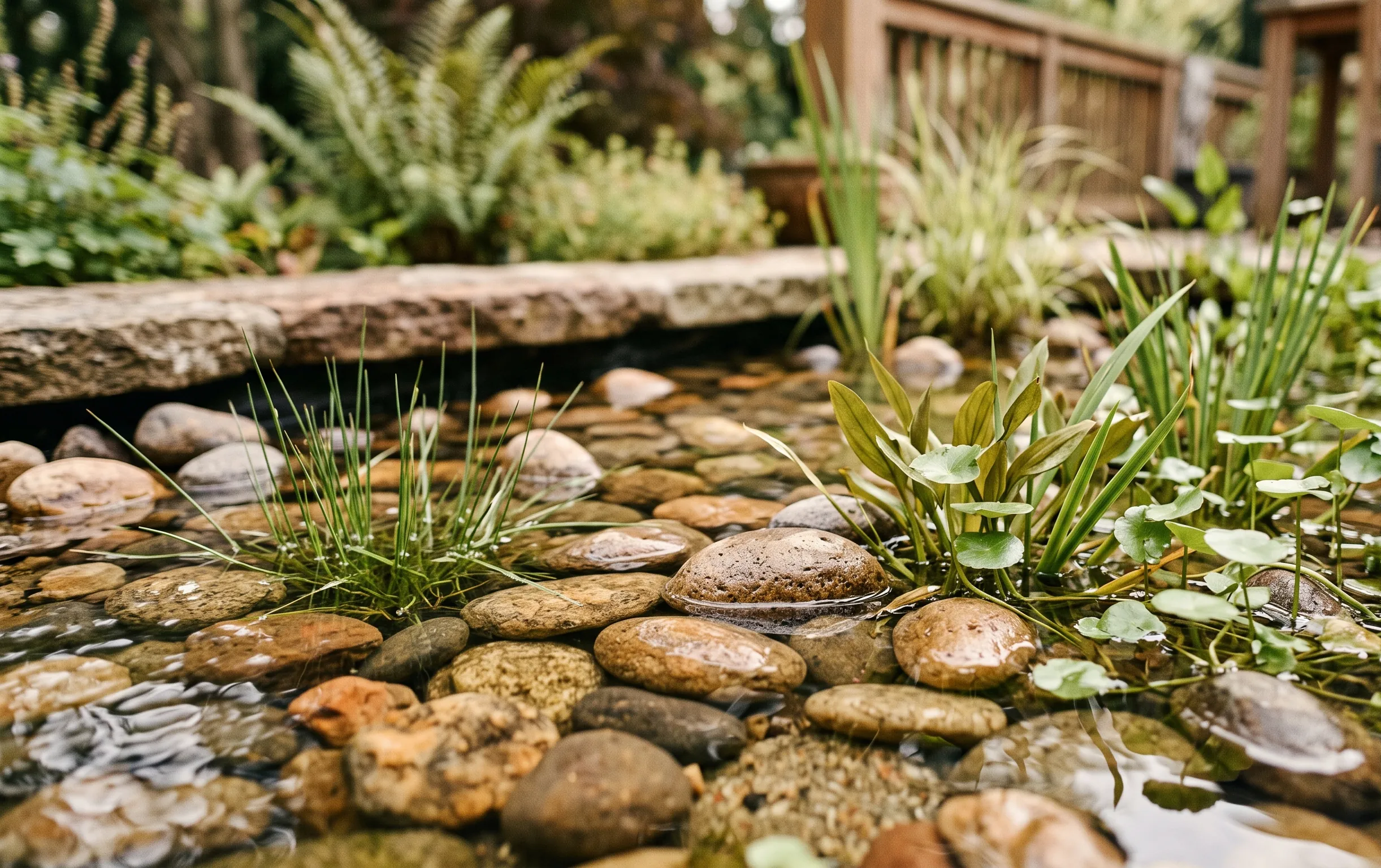 piscine naturelle : Gros plan sur les galets de filtration et la végétation aquatique d'un bassin de baignade naturelle en extérieur