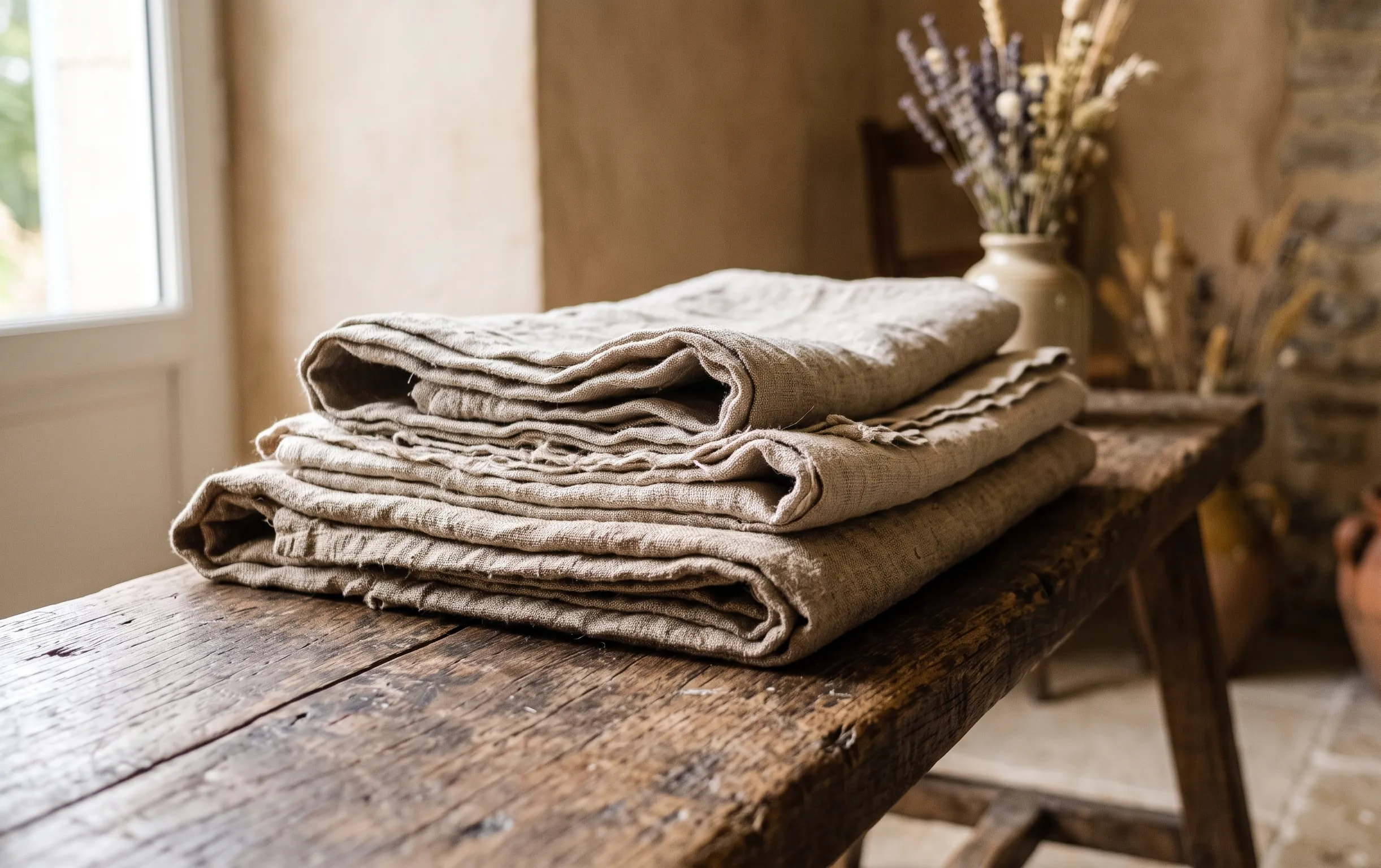 le couvent des minimes : Gros plan sur du linge en lin naturel posé sur un vieux banc en bois patiné avec un accent ocre miel