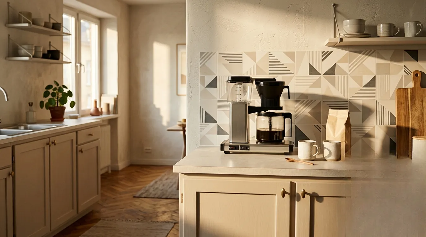 Crédence de cuisine adhésive à motifs géométriques discrets dans un appartement lumineux.