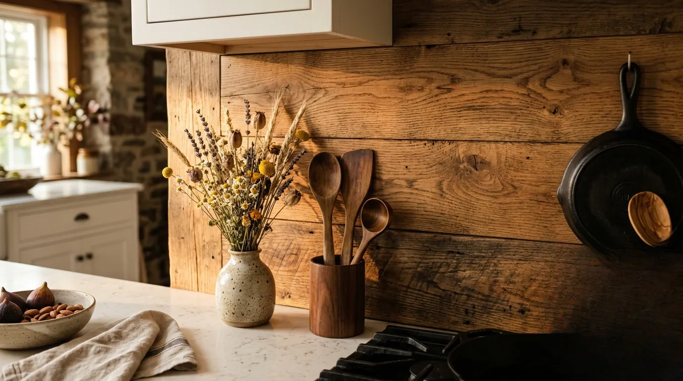 Crédence de cuisine chaleureuse réalisée en planches de bois brut vernis.