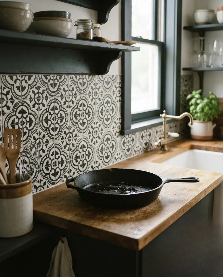 Crédence en carreaux de ciment aux motifs rétro noir et blanc dans une cuisine.