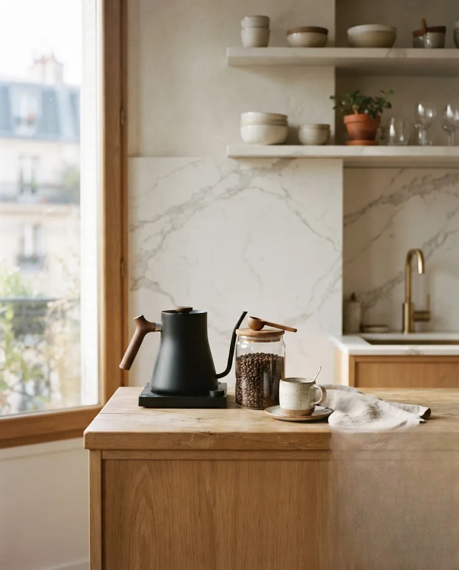 Crédence de cuisine lumineuse effet marbre blanc dans un intérieur élégant et épuré.