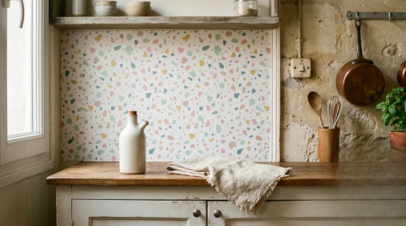 Crédence de cuisine relookée avec un film adhésif à motif terrazzo pastel.