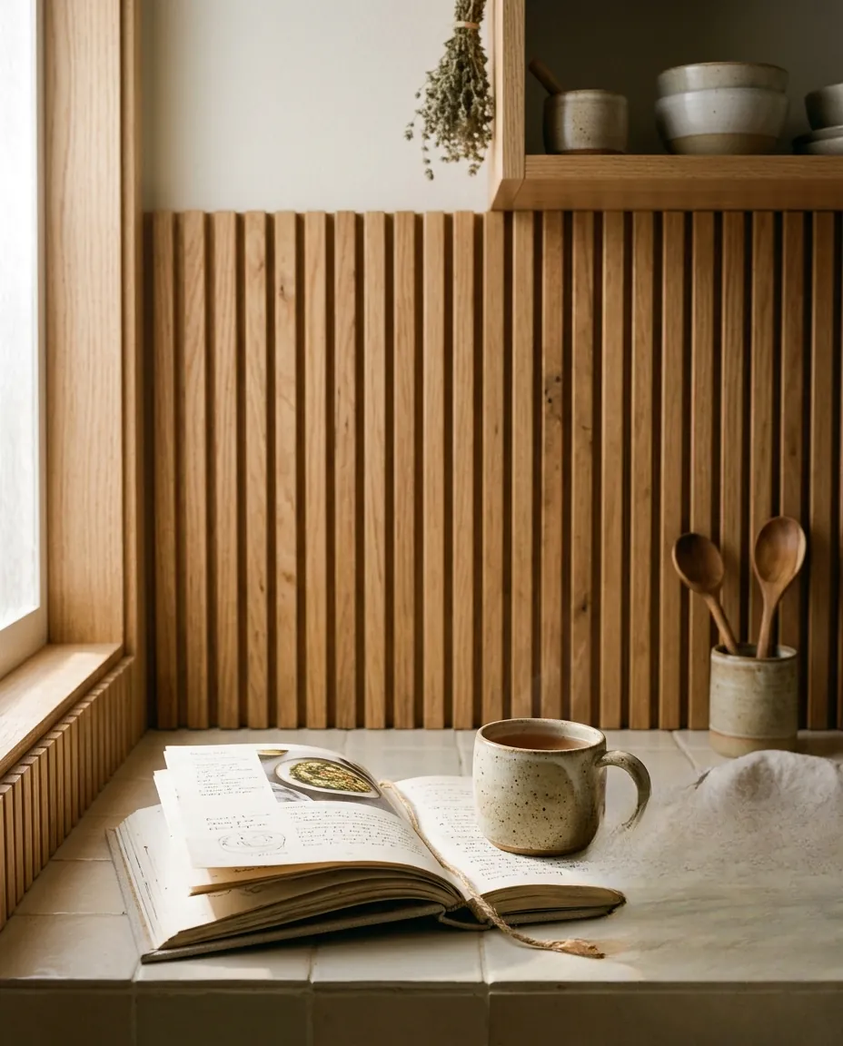 Crédence de cuisine originale composée de lattes de bois verticales texturées.