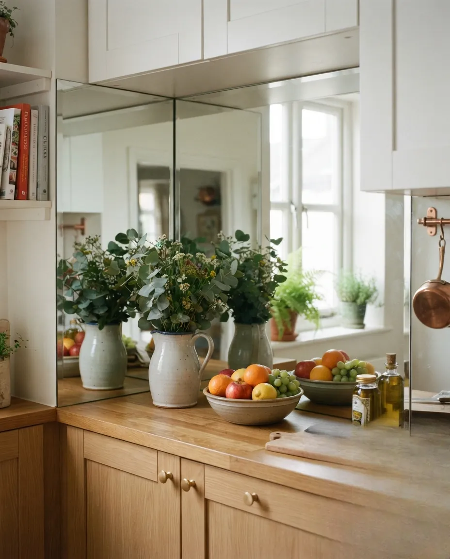 Crédence de cuisine en miroir pour agrandir visuellement l'espace d'une petite cuisine.