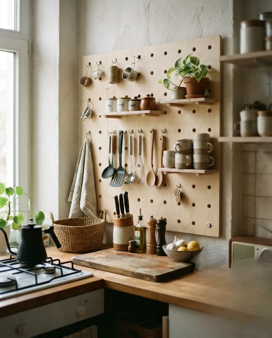 Panneau perforé en bois faisant office de crédence modulable et astucieuse dans la cuisine.