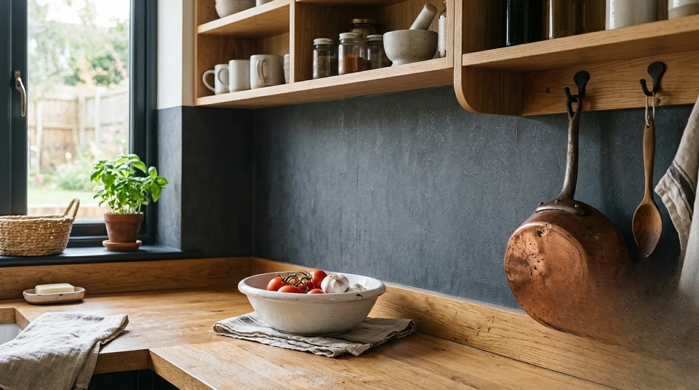 Crédence de cuisine recouverte d'un papier peint imperméable gris ardoise au fini mat.