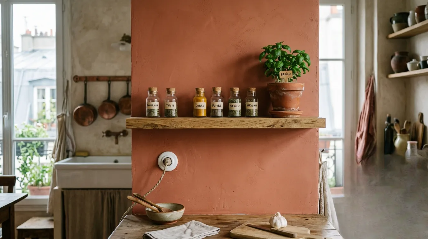 crédence cuisine : Mur de cuisine repeint en couleur terracotta avec une petite étagère en bois et des bocaux d'épices.