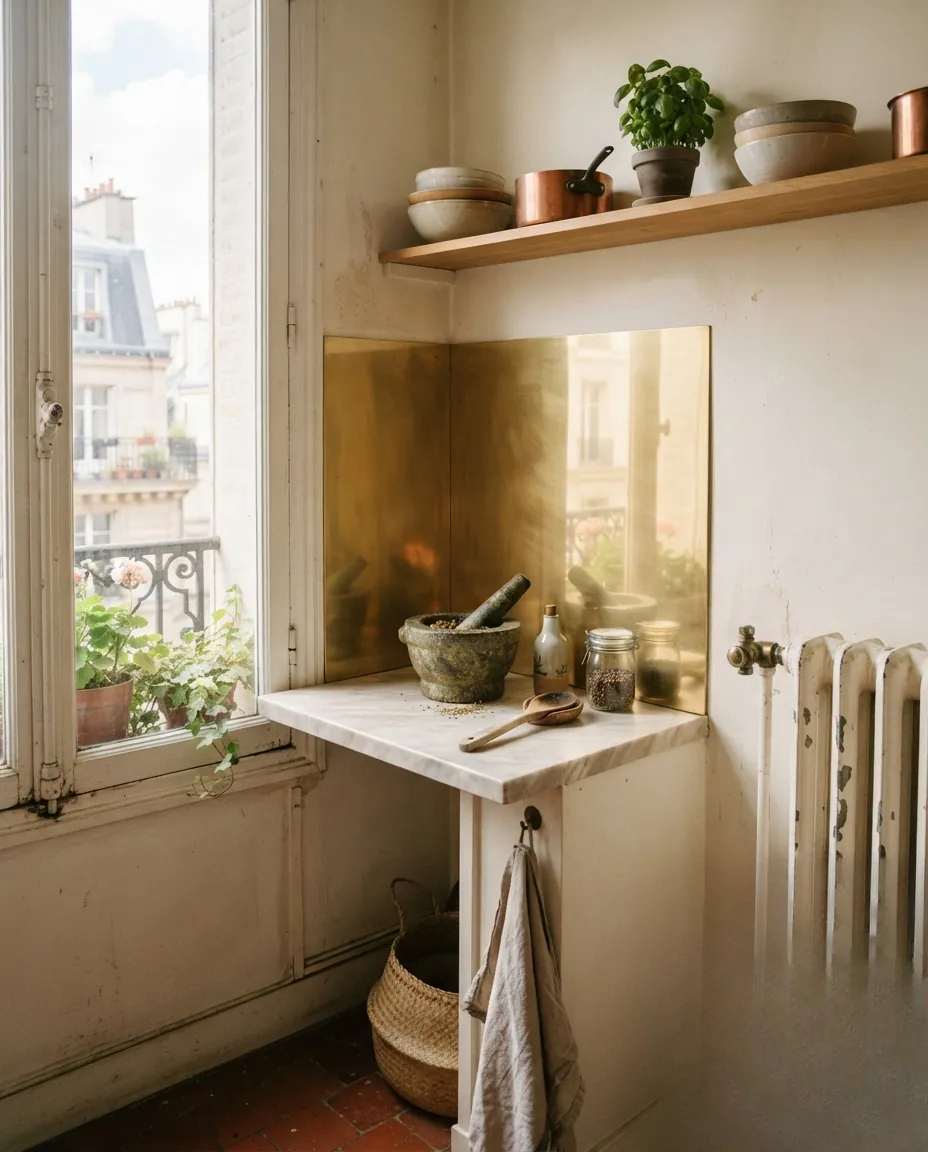 Crédence de cuisine en plaque de laiton poli apportant une touche chaleureuse et lumineuse.