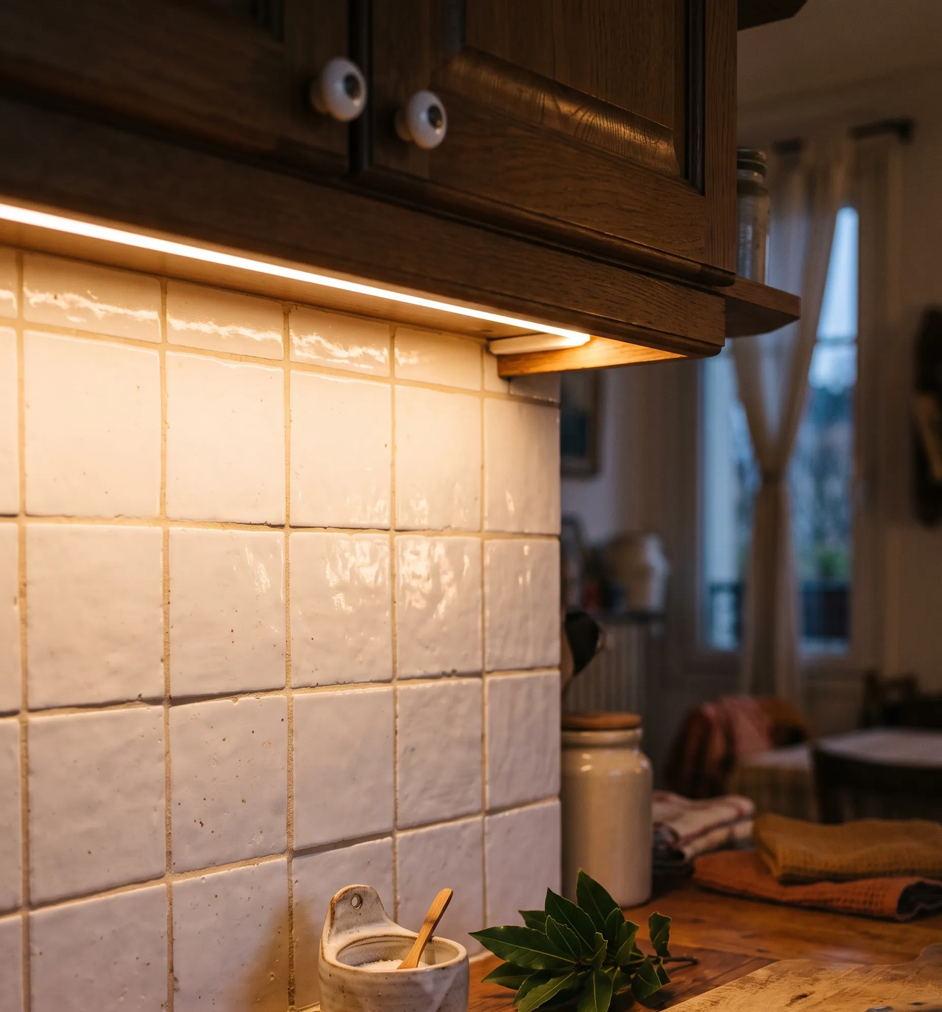 Détail de l'éclairage LED sous les meubles hauts illuminant la crédence