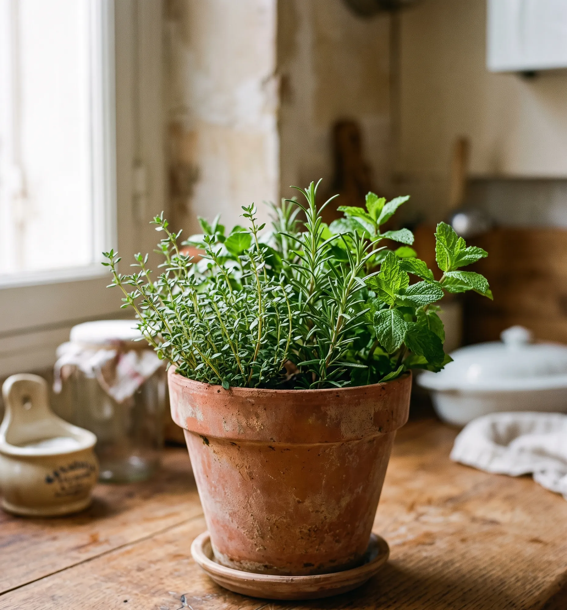 Pot en terre cuite rempli de fines herbes fraîches posé sur le comptoir d'une cuisine