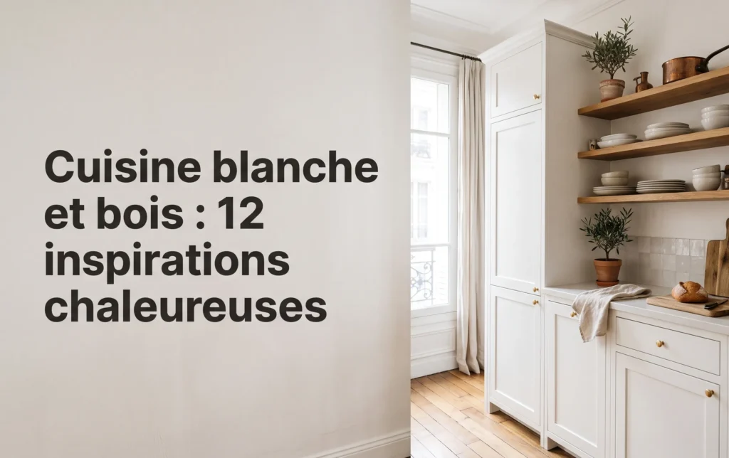 Vue d'ensemble d'une cuisine lumineuse aux façades blanches et étagères en bois chaleureux dans un appartement français