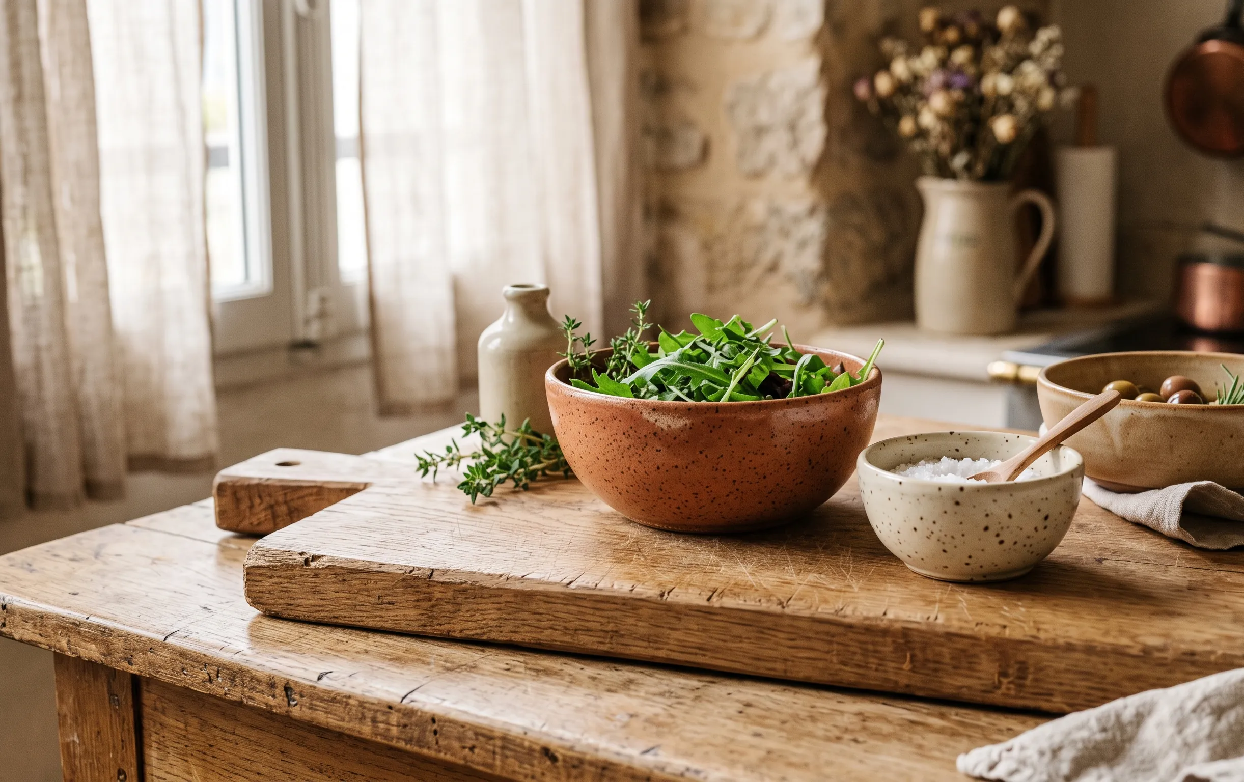 cuisine blanche et bois : Plan rapproché d'une planche à découper en chêne massif et de bols en céramique sur un plan de travail