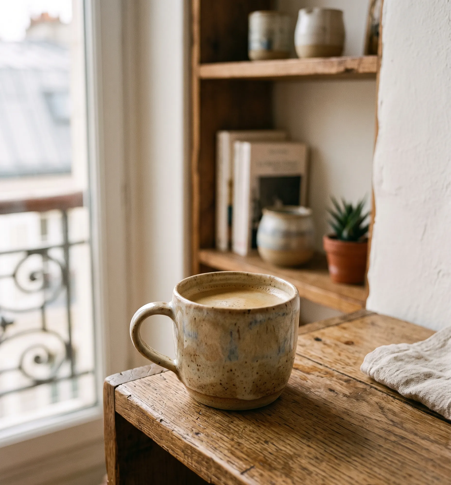 Tasse en céramique artisanale posée sur une étagère en bois brut
