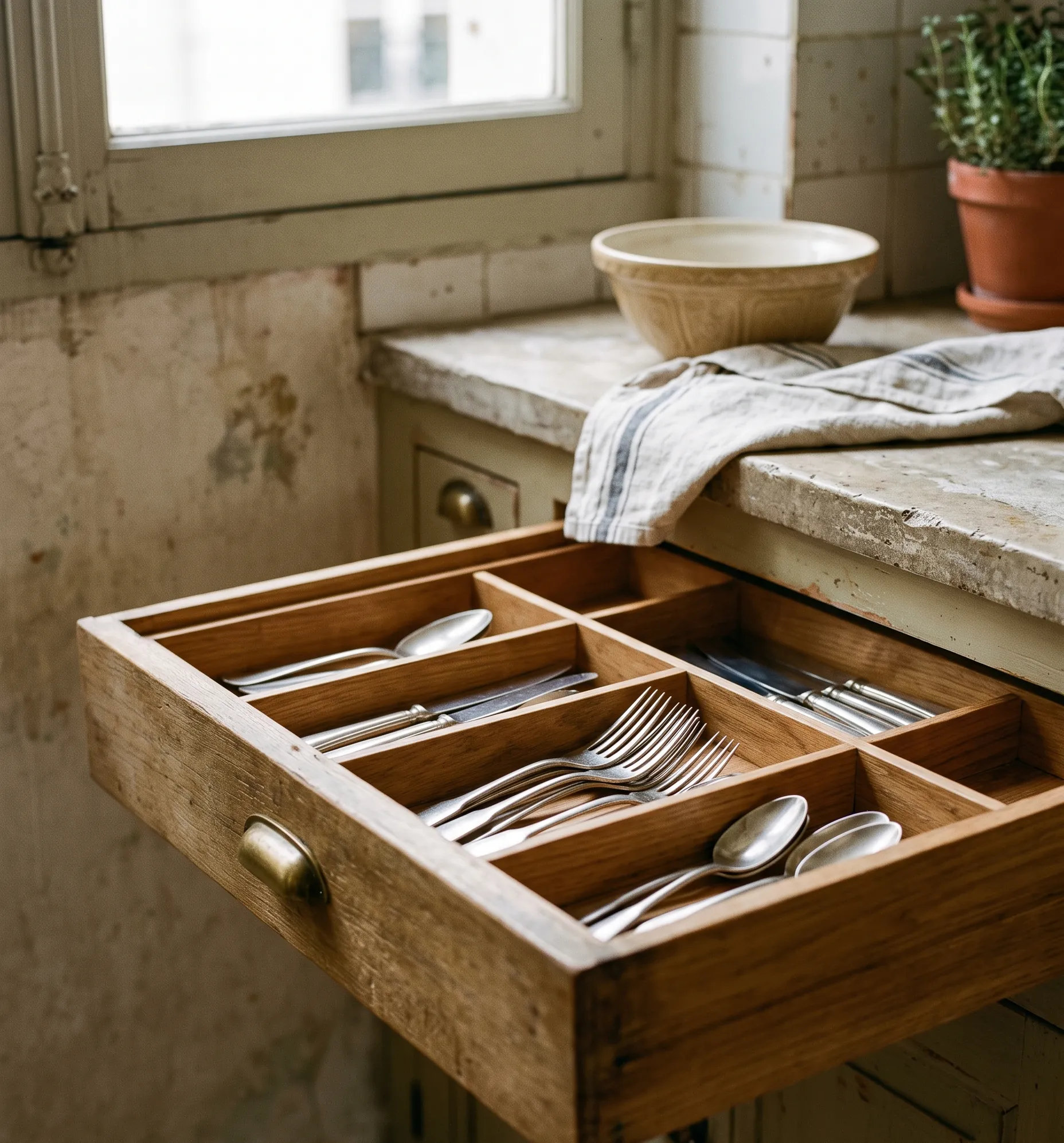 Vue rapprochée d'un tiroir de cuisine en bois compartimenté pour les ustensiles