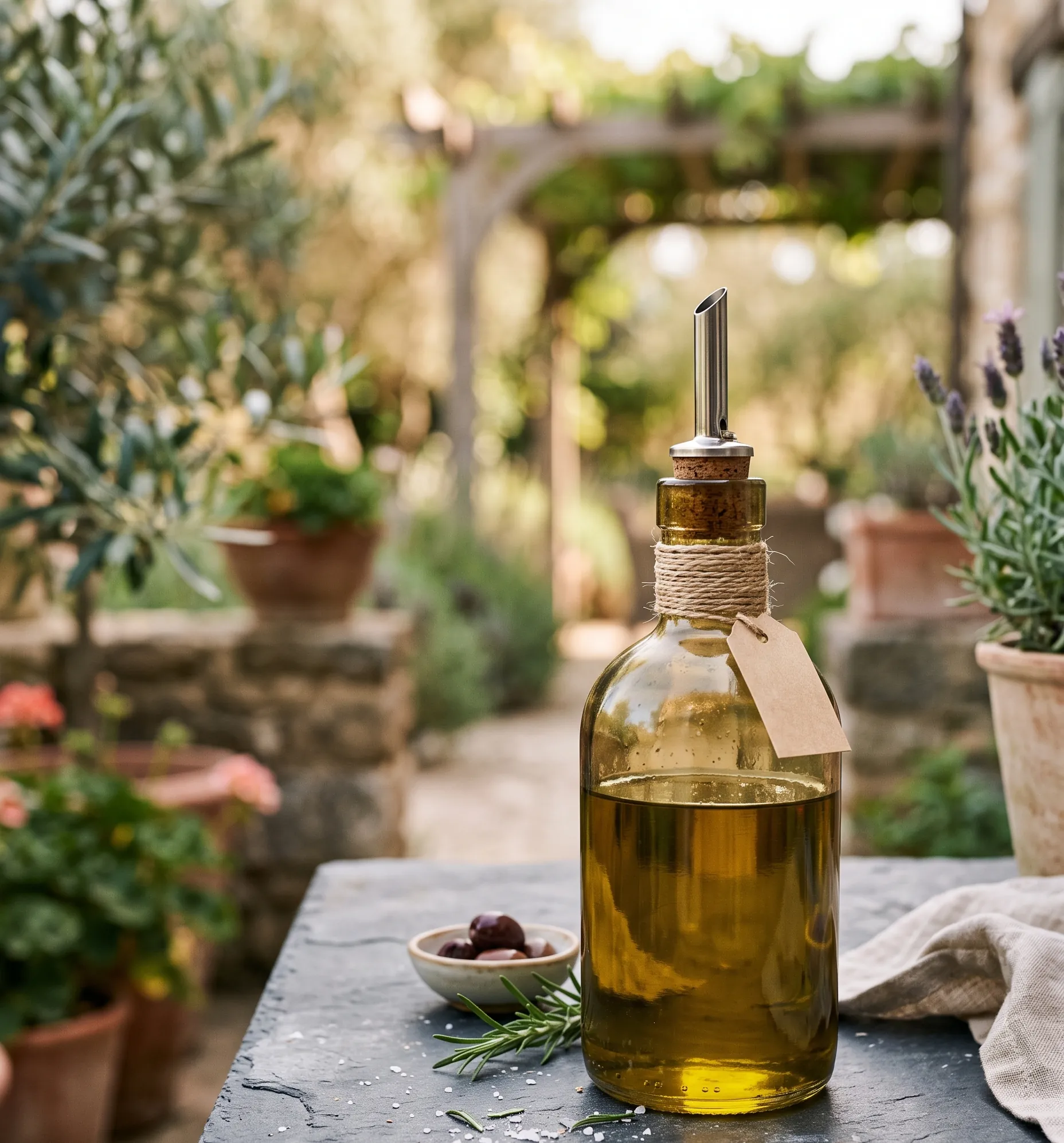 Bouteille d'huile d'olive en verre avec bec verseur sur un plan de travail en ardoise.