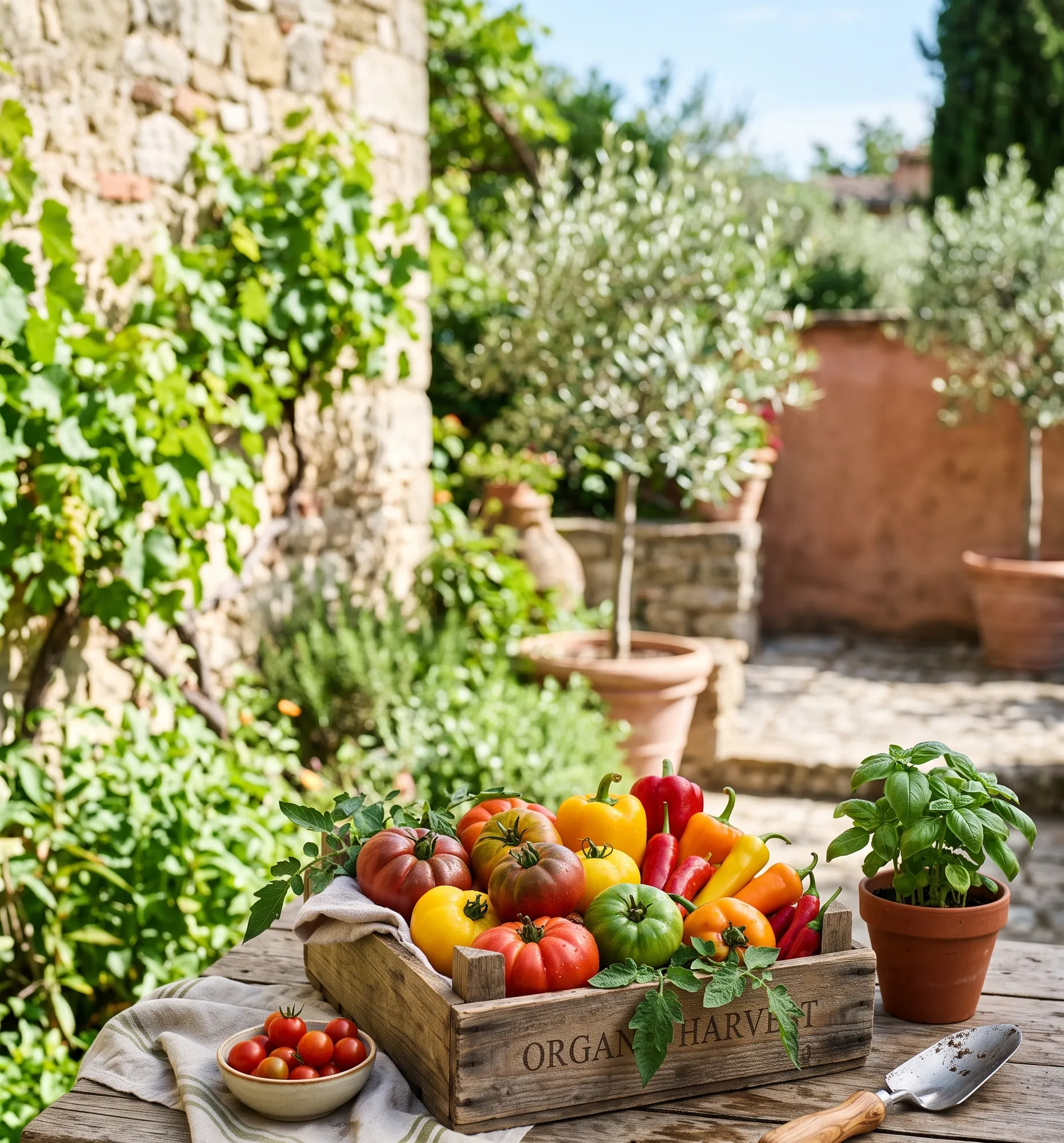 Petite cagette en bois remplie de tomates mûres et de poivrons sur une table de jardin.