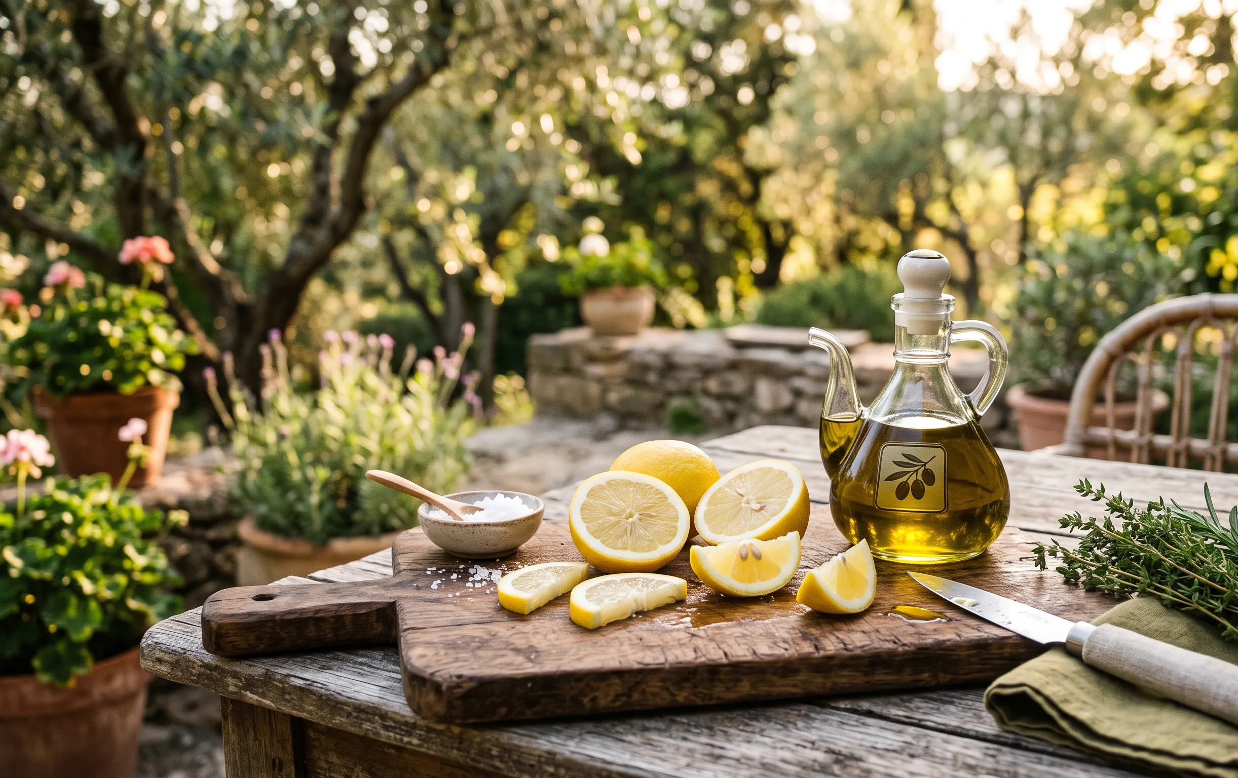 Planche en bois avec des citrons tranchés et une bouteille d'huile d'olive sur une table de jardin.