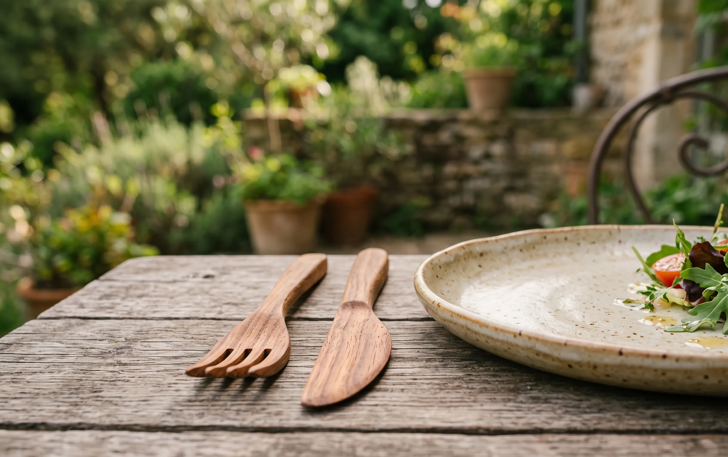 Couverts en bois posés à côté d'une assiette en céramique sur une table de jardin.