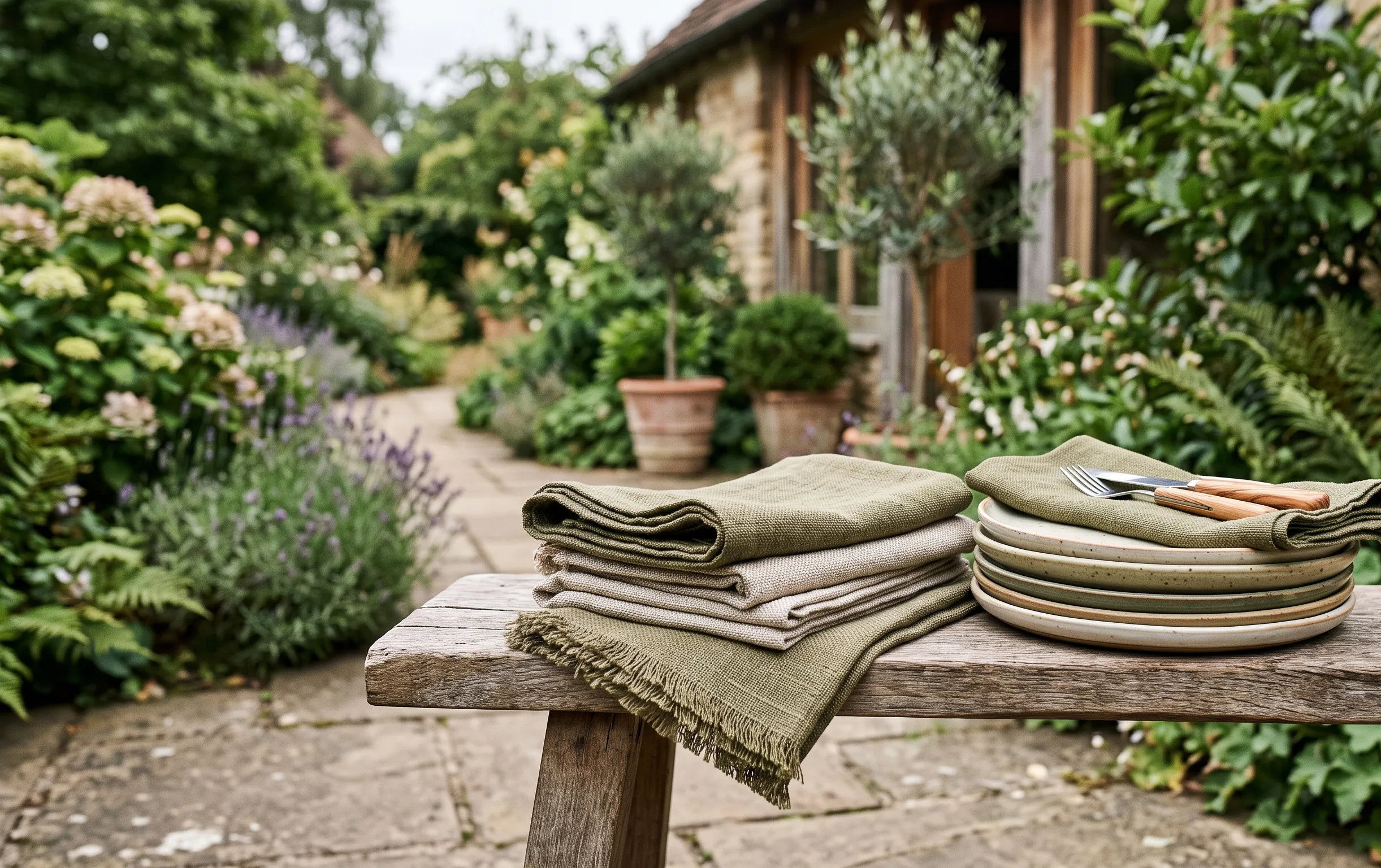 Serviettes en lin tissé et assiettes en céramique empilées sur un banc en bois à l'extérieur.