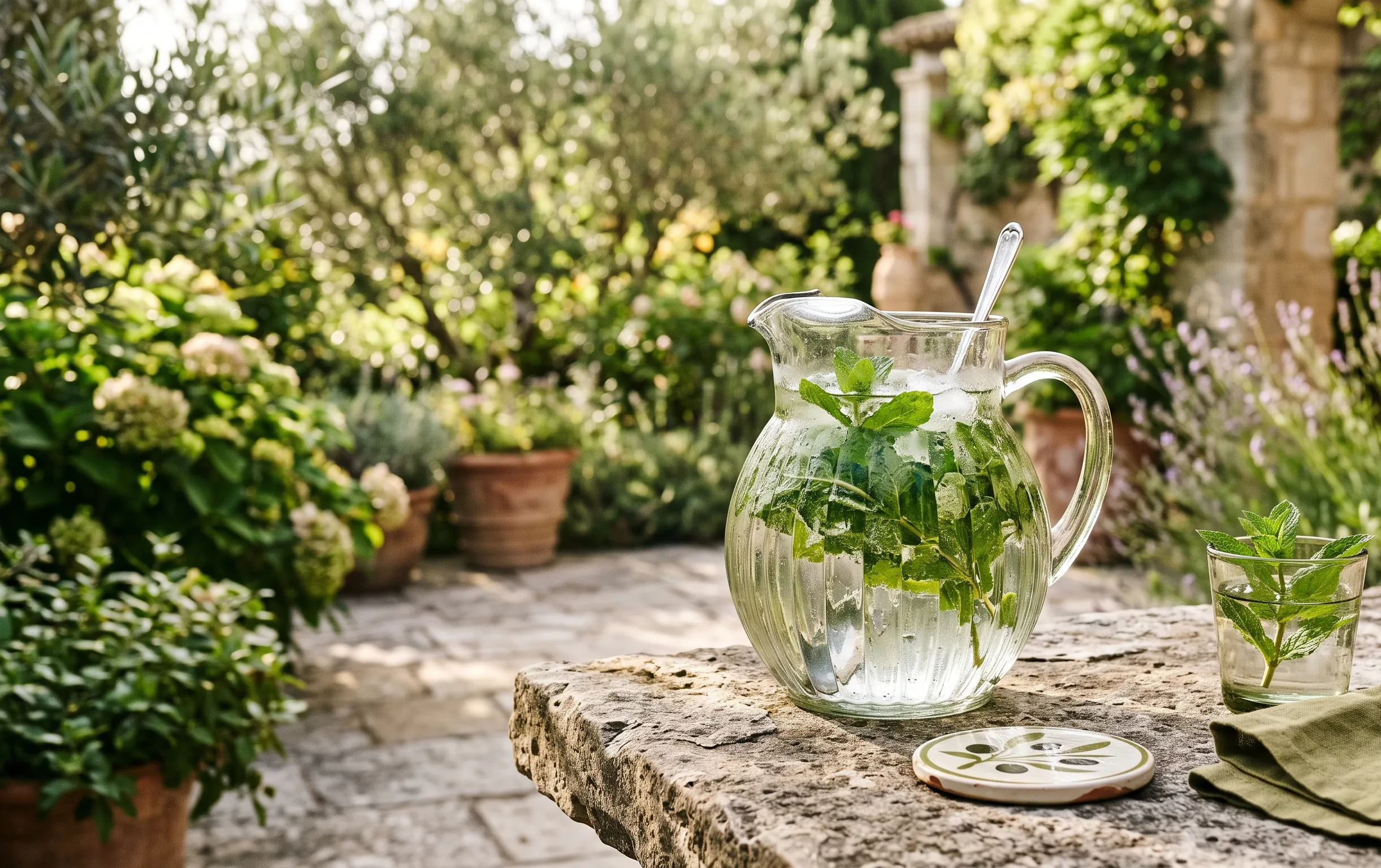 Pichet en verre vintage rempli d'eau et de feuilles de menthe sur une table de terrasse en pierre.