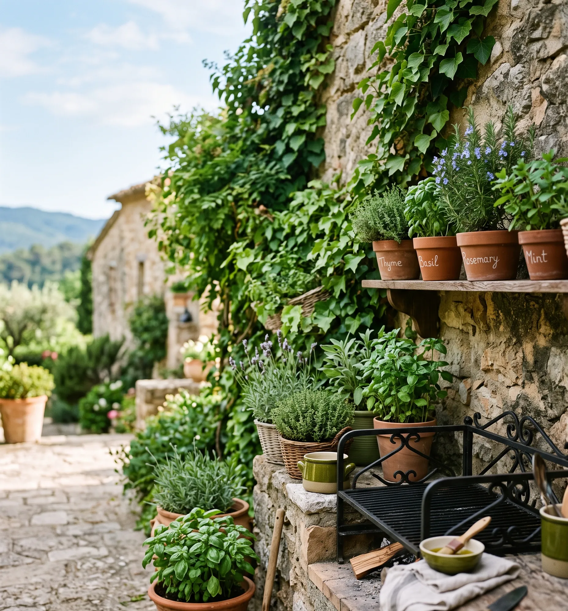 Plantes aromatiques en pots sur un mur en pierre près d'une station de cuisson extérieure ensoleillée.