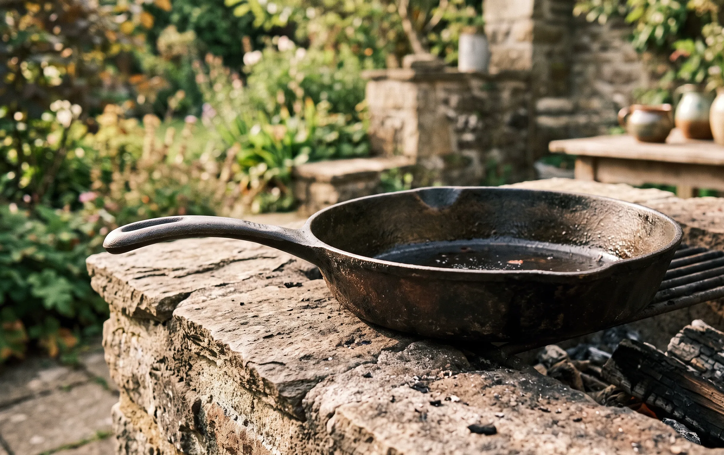 Poêle en fonte posée sur un gril en pierre dans une cuisine d'été extérieure.