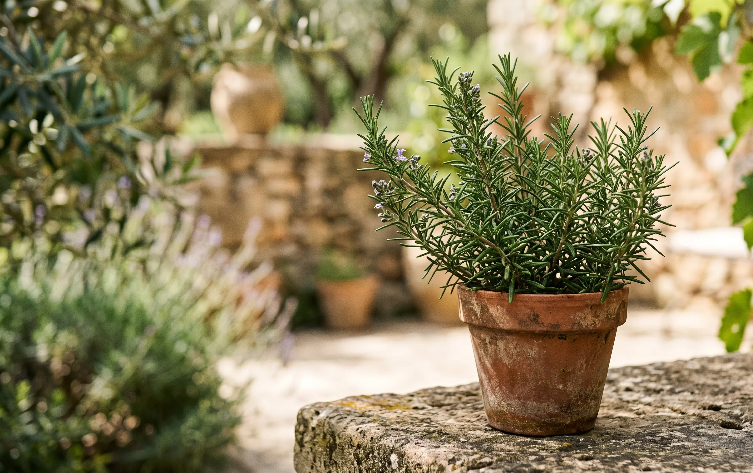 Gros plan sur des branches de romarin fraîches dans un pot en terre cuite sur un comptoir de cuisine d'été.