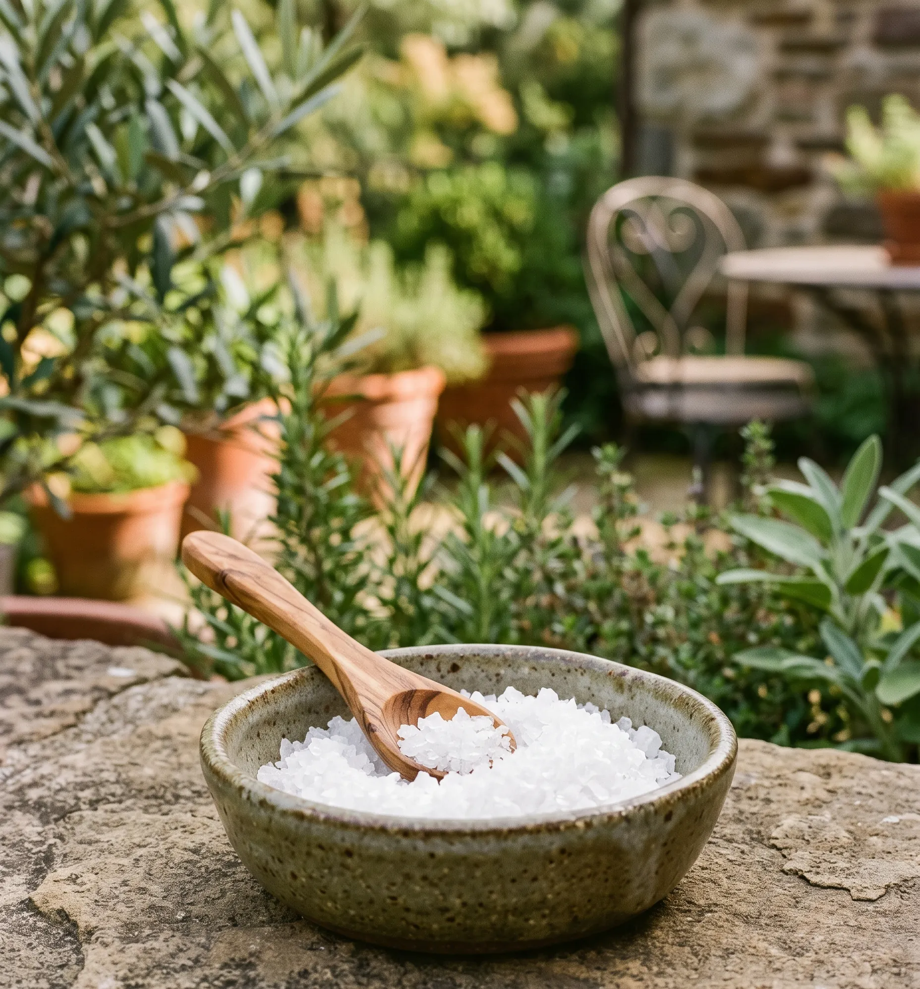 Gros plan sur du gros sel marin dans un petit plat en grès avec une cuillère en bois.