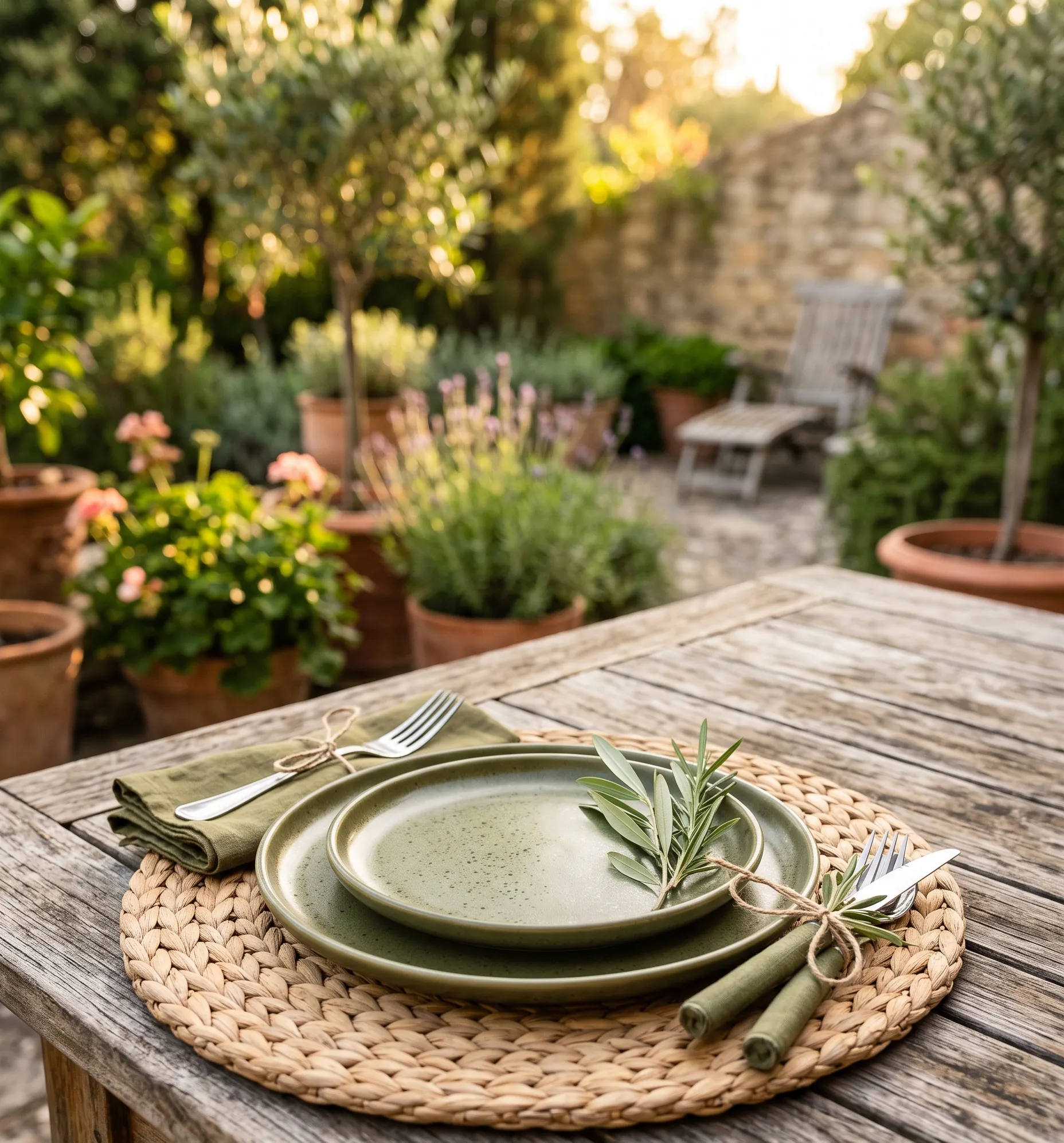 Set de table en paille tressée posé sur une table de repas d'extérieur en bois patiné.