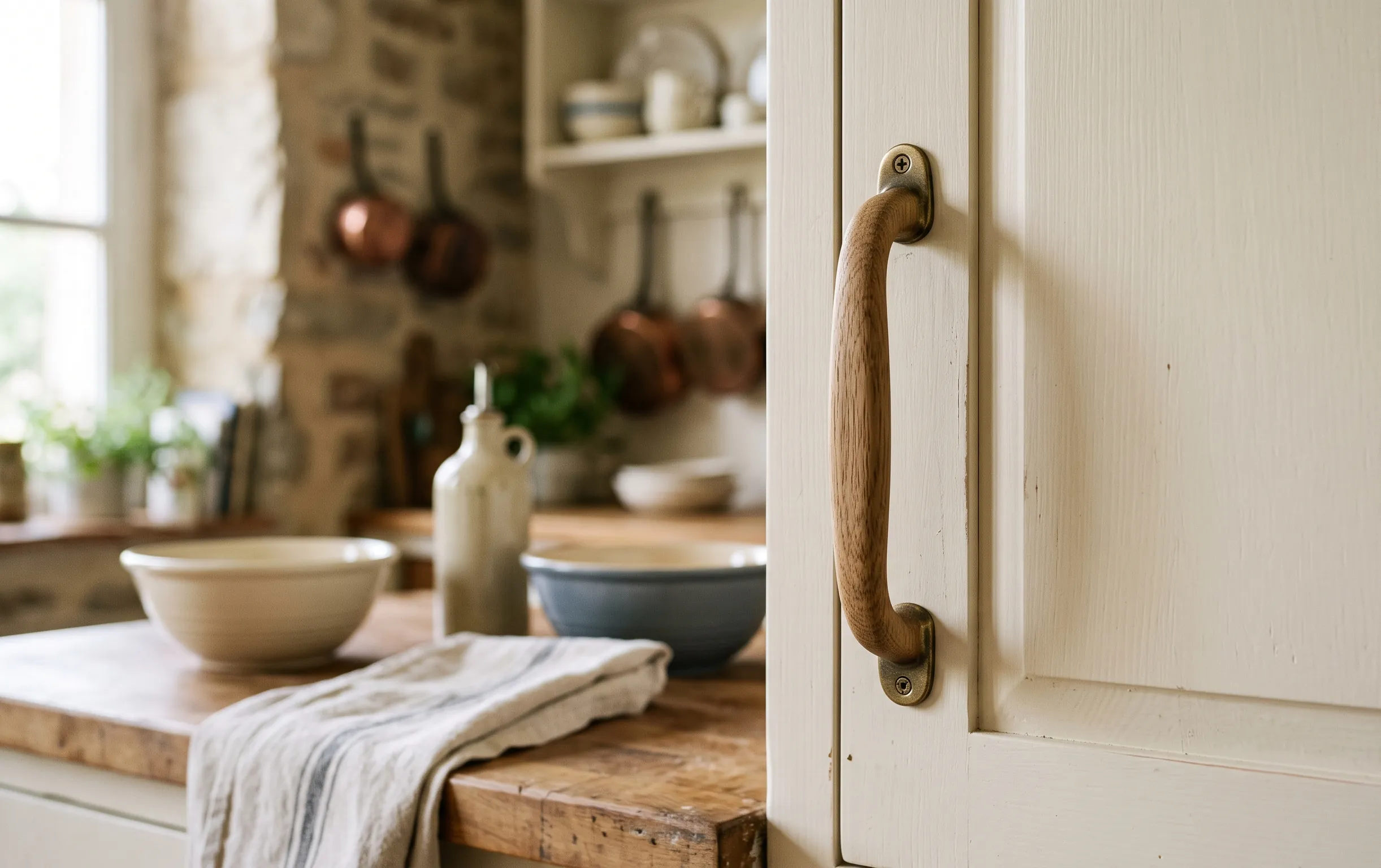 avis cuisine leroy merlin : Poignée de meuble de cuisine minimaliste en bois clair aux tons doux et chaleureux