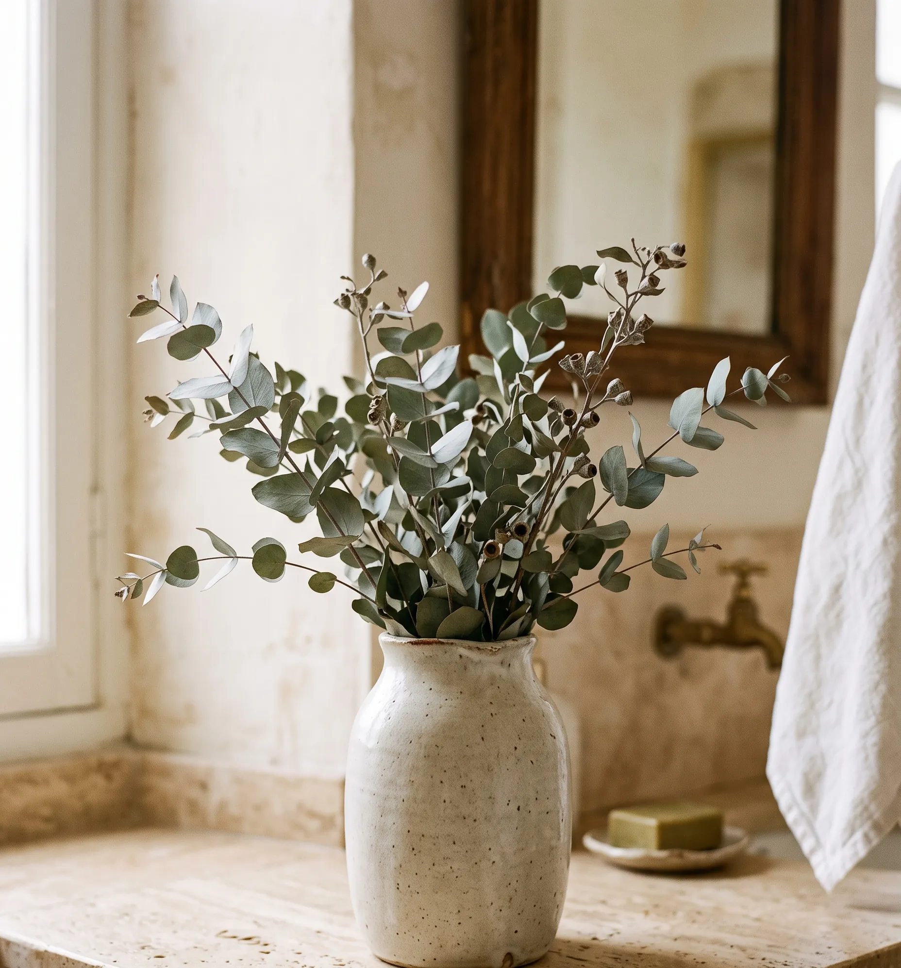 Vase en céramique garni de branches d'eucalyptus séchées posé sur un plan de toilette en travertin.