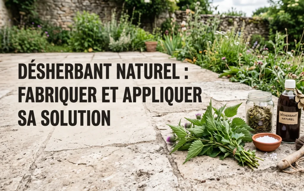 Un désherbant naturel préparé pour le jardin sur fond de dallage extérieur